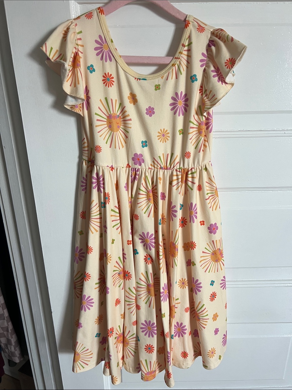 Dot Dot Smile Cream Dress with Orange, Purple, Pink & Green Floral Sunbursts